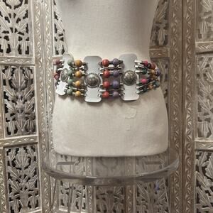 Vintage Southwestern Silver Tone Concho Beaded White Faux Leather Waist Hip Belt